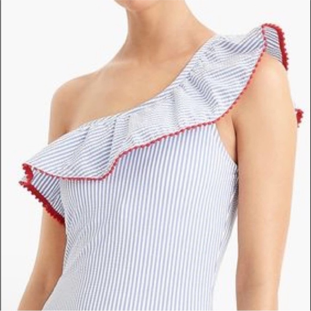 J. Crew One Shoulder Ruffle Swimsuit Seersucker Pom Trim Blue White Red - Picture 11 of 12